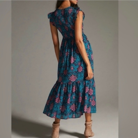 NWOT Anthropologie Peregrine Midi Dress Floral Teal and Pink Sz Meduim - Picture 2 of 16